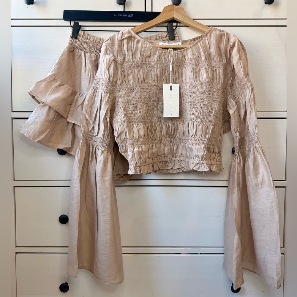 Endless Rose 2 Piece Set Smocked Waist Ruffle Skort Bell Sleeve Top M NWT Beige